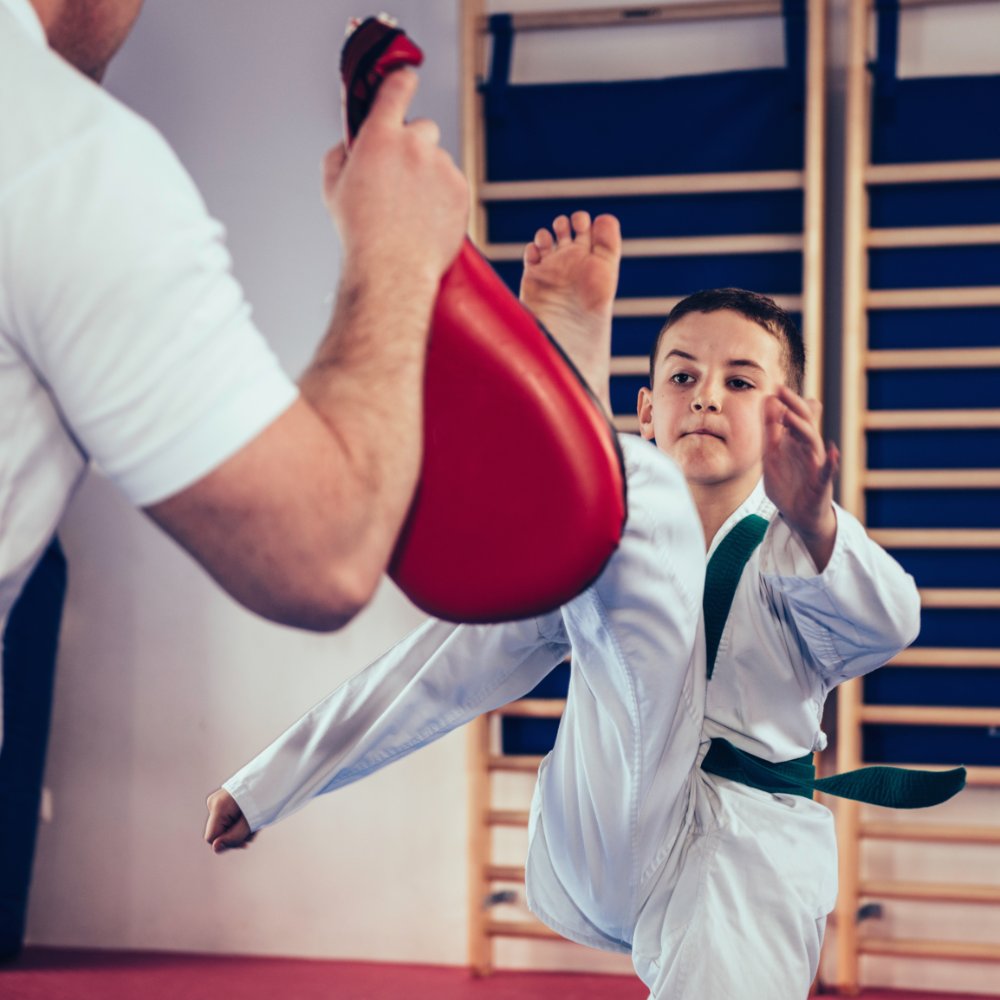 Taekwondo girl kicking pad